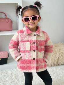 SHEIN 1pc Infant Girl's Fashionable Minimalist College Style Rose Red Plaid Lapel Long Sleeve Jacket, Suitable For Daily School Wear, Spring/Autumn Fall Winter - Multicolor - View 5