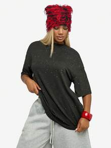 SUMWON WOMEN Oversized Sparkly T-Shirt For Women Long Sleeve Glitter Top Casual Streetwear Drop Shoulder Tee - Black - View 1