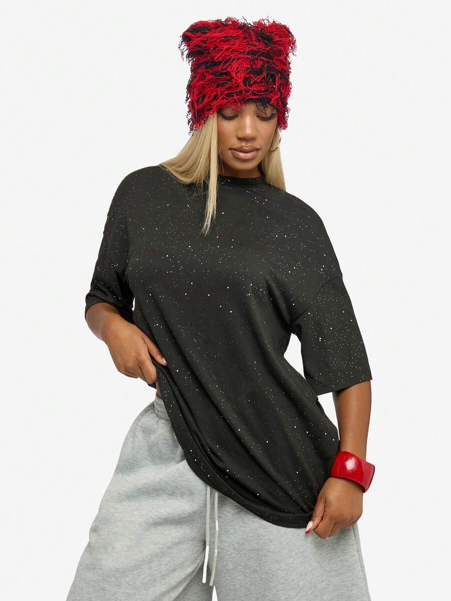 SUMWON WOMEN Oversized Sparkly T-Shirt For Women Long Sleeve Glitter Top Casual Streetwear Drop Shoulder Tee - Black - View 1