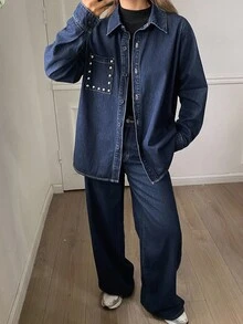 Livesso 2pcs Women Casual Loose Distressed Denim Shirt And Pants Set, Autumn/Winter - Blue - View 4