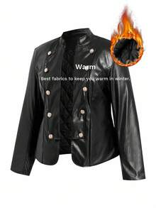 Ellevyn 秋季大码女式纯色长袖 PU 皮革双排扣时尚夹克 - 黑色 - 查看 9