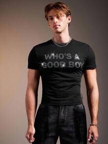 FeverCity Men's Rhinestone Embellished Crew Neck Short Sleeve T-Shirt - Black - View 1