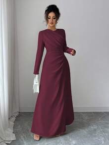 Elenzga Đầm Maxi Tay Dài Cổ Tròn Xếp Ly Eo Cho Nữ, Màu Trơn, Thanh Lịch, Trang Trọng, Công Sở, Đi Làm, Dịp Nghỉ, Tiệc Tùng, Cổ Điển, Phong Cách Trung Đông, Mùa Thu, Màu Vàng Nhạt - Màu Tím - Xem 4