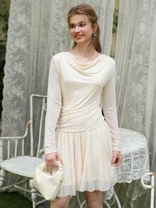 Girlism Elegant Flowing Sheer Formal Mini Dress For Teen Girls, Suitable For Formal Occasions Fall Winter - Beige - View 5