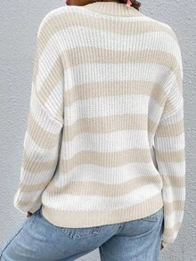 EMERY ROSE 休闲撞色条纹落肩宽松针织毛衣，秋季条纹毛衣女女士条纹套头衫条纹套头衫女士灯笼袖毛衣米色和白色条纹毛衣 - 彩色 - 查看 2