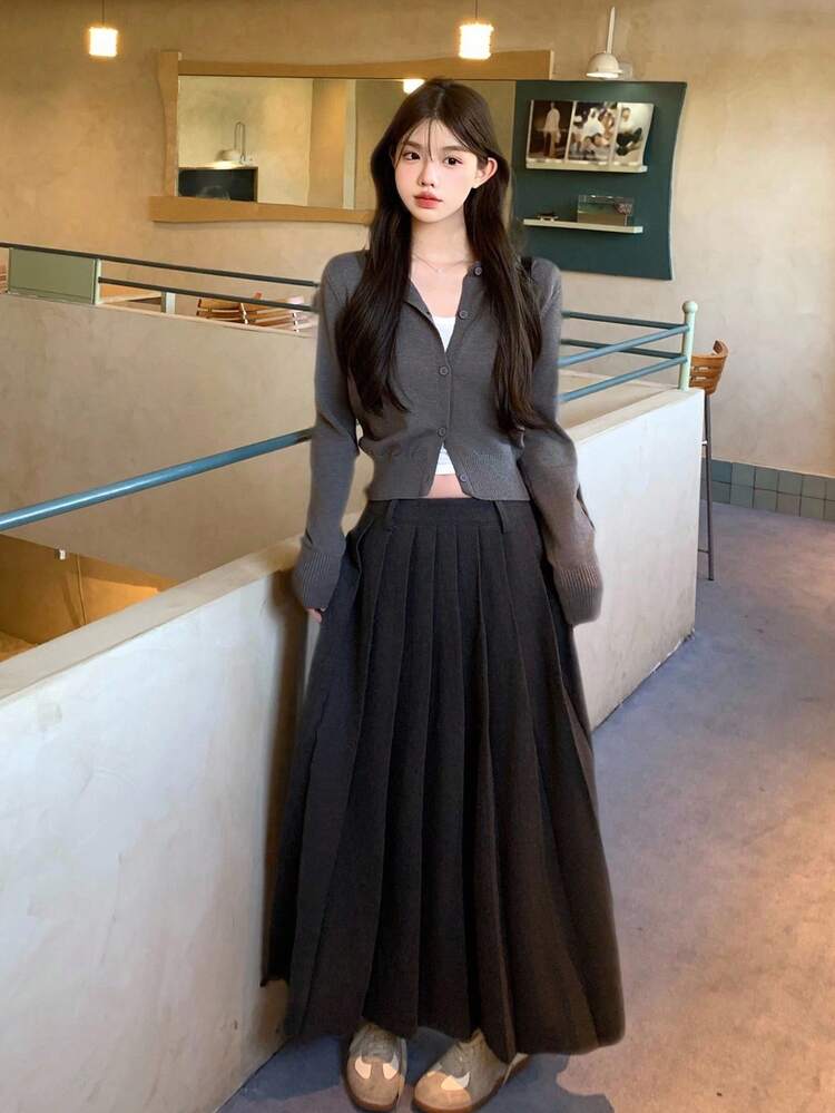 Women's Pleated Solid Color Casual Skirt Fall