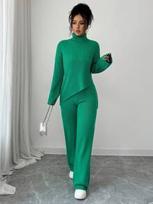 Elenzga 2件套女士高领毛衣+阔腿裤，宽松版型 - 綠色 - 查看 2