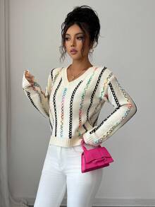 Elenzga V-Neck Colorful Rope Knitted Sweater For Women