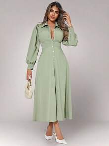 Xyvia 女式优雅纯色灯笼袖前扣衬衫裙 - 薄荷綠 - 查看 7