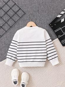 SHEIN Toddler Boys' V-Neck Striped Cardigan, Black & White, Embroidered, Soft Polar Fleece Fabric, Suitable For Casual Wear, Autumn/Winter & Spring Fall - Black and White - View 2