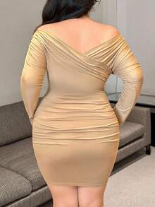 Flirla Plus Size Cross V-Neck Ruched Long Sleeve Waist Cinched Ruched Dress Fall Cloth For Women - Brown - View 2