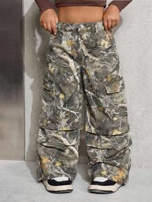 SHEIN Quần jean dáng rộng họa tiết rằn ri và cành cây phong cách Y2K dành cho nữ, thời trang đường phố, quần jean màu xanh quân đội, họa tiết cành cây, mùa thu đông. - xanh quân đội - Xem 3