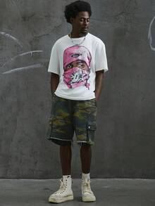 Manfinity Roghcode 男士街头风格超大粉色图案印花嘻哈 T 恤 - 白色 - 查看 3