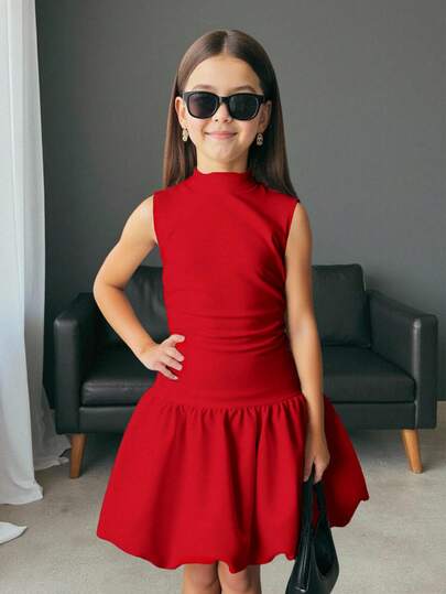 Firerie Kids Firerie Kids Nova Glow Tween Girls Elegant Solid White Color Stand Collar Bachelorette Dress Y2k Dress , Suitable For Casual Daily Wear & School Daily , Back To School,Graduation Dress Red Dresses For Tweens Red Sleeveless Dress Teen Dresses Bubble Hem Red Teen Girls Dress Red Party Dress For Girls Red Teen Girl Dress Teen Sleeveless Dress