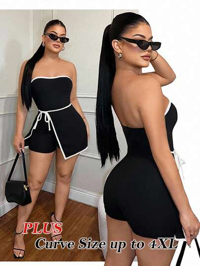 SHEIN SXY 大码女式性感休闲舒适黑白撞色镶边裹身下摆紧身连体裤，适合通勤、商务、复古、派对