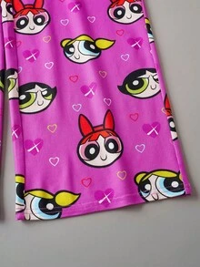THE POWERPUFF GIRLS X SHEIN Tween Girl Cartoon Blossom, Bubbles, Buttercup Pattern White Casual Versatile Top And Rose Pink Cute Pants Comfortable Autumn/Winter Pajama Set - Pink - View 3