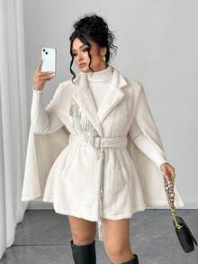 Elenzga 永不过时的古怪优雅系列（忧郁气质）（周三美学）大码女装冬季奢华精致优雅时尚设计感贵族派对金属流苏袖口开衩秋冬带腰带人造毛领外套，圣诞女装 - 白色 - 查看 4