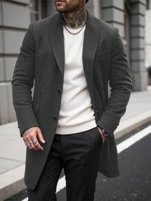 Manfinity Homme 男士纯色口袋纽扣长袖大衣，秋冬款 - 深灰色 - 查看 5