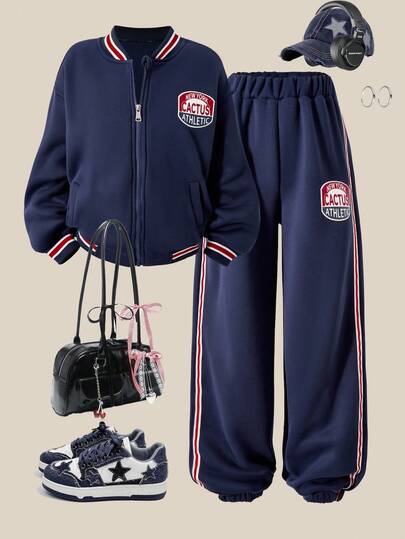 SHEIN Explorewe 女孩休闲装，时尚百搭，前幅印花长袖夹克，侧边饰带裤子，适合秋冬季，适合外出、旅行，可搭配汗衫、连帽衫、上衣