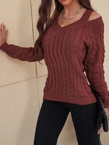 EMERY ROSE Áo len dệt kim cổ chữ V khoét lỗ cho trang phục năm mới - Rỉ Nâu - Xem 3