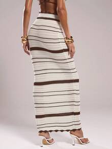 SHEIN BAE Women's High Waist Striped Fitted Knit Skirt In Fall/Winter - Coffee Brown - View 2