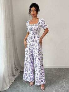 Rafferiza 女士优雅度假束腰花卉印花连体裤花卉紫色花卉连体裤夏季夏季花卉连体裤 - 紫色 - 查看 3