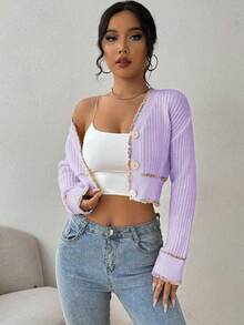 Women's Elegant Contrast Trim Cropped Cardigan - Mauve Purple - View 6