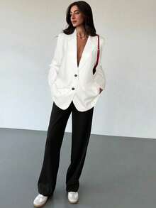 Aloruh Áo khoác Blazer nữ dáng rộng tay dài, họa tiết xám tối giản, thoải mái khi đi làm vào mùa thu/đông - trắng - Xem 3