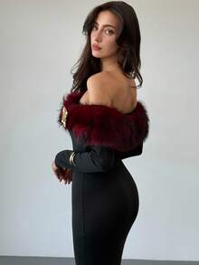 Aloruh 女士时尚优雅毛茸茸饰边抹胸连衣裙 - 黑色 - 查看 3