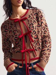 Bohemela Cardigan de malha com estampa de leopardo vintage solto para mulheres - Castanho - Ver 1