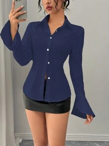 SHEIN Unity 女士休闲优雅日常百搭收腰喇叭袖白色条纹衬衫，秋冬 - 藏蓝色 - 查看 4