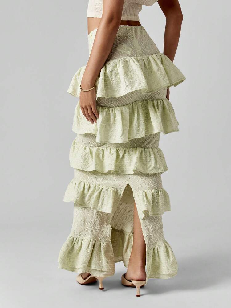 MISSGUIDED セージグリーン ティアード フリル マキシスカート、レース調生地、ハイウエスト、春夏クリスマス向け