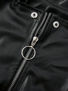 Rometta Plus Size Women Lapel Zip Front Asymmetric Hem Faux Leather Jacket Winter Fall Autumn - Black - View 5