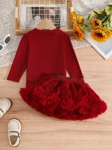 SHEIN 女婴长袖T恤和TUTU裙休闲套装 - 紅色 - 查看 3