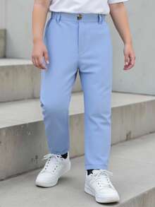 SHEIN 小男孩休闲纯色裤，单纽扣装饰，斜插口袋，松紧腰设计，适合日常穿着、旅行、派对、度假，百搭时尚 - 淺藍色 - 查看 3