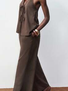 Maija Coffee Brown,Summer,Chic,Vacation,Holiday Women Backless Crop Top & High Waisted Wide Leg Pants Matching Set,Urban Minimalist Old Money Party Outfit - Brown - View 7