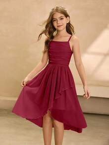 Vestido Midi Elegante e Luxuoso de Alça Fina e Ombro Caído Rosa para Meninas Pré-Adolescentes, Adequado para Festa, Banquete, Evento da Noite, Aniversário, Apresentação, Casamento, Dama de Honra, Baile de Formatura, Férias - Vinho - Visão 6