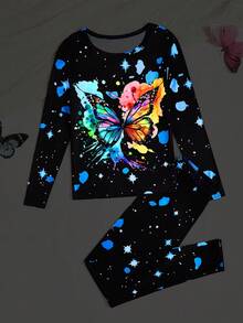 Tween Girl 睡衣贴身套装 - 蝴蝶印花和夜光印花长袖衬衫和长裤