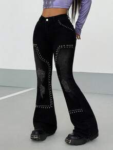 StreetHx Jeans de campana con roturas y tachuelas de moda casual para mujer - Negro - Ver 3