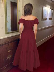 Elenzga New Women's Off Shoulder Puff Sleeve Front Tie Bow Waist Gathered A-Line Skirt, Vacation Casual Fashion Young Daily Versatile Flattering Elegant 2 Pieces Set - Burgundy - View 2