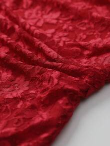 Lureya Top à manches longues en dentelle bordeaux sexy pour femmes avec col volant et pantalon évasé ajusté. Ensemble sexy deux pièces moulant pour l'automne/hiver