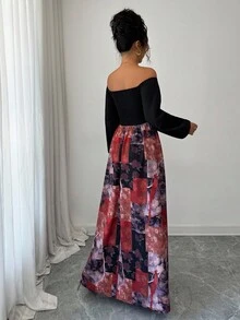 Selianne Women's Elegant Off Shoulder Long Dress,Black Floral Autumn Sophisticated Long Sleeve Dress For Birthday Party,Formal Occasions,Date,Graceful Gown - Multicolor - View 2