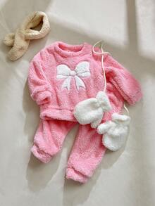 SHEIN Playful Pals 2 件女婴蝴蝶结印花圆领蓬松长袖上衣和松紧腰蓬松粉色裤子套装，休闲舒适，适合秋冬，百搭 - 粉色 - 查看 1