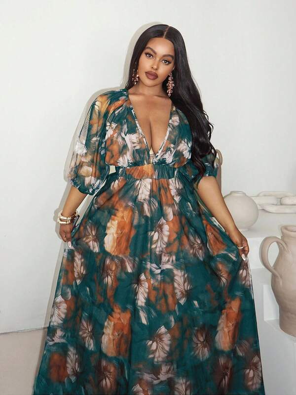 Maweii Robe d'été élégante et ajustée à imprimé floral en maille, grande taille