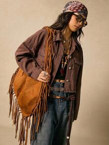 Easelle 复古索环装饰宽松磨损下摆女式牛仔夹克，秋季女装女式西部夹克短款西部夹克棕色短款夹克女式西部装牛仔夹克女式西部衬衫棕色短款夹克 - 棕色 - 查看 8