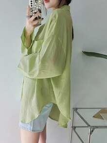 DAZY Camisa suelta asimétrica de un solo pecho de unicolor para mujer, blusas de manga larga, ropa de otoño - Verde - Ver 2