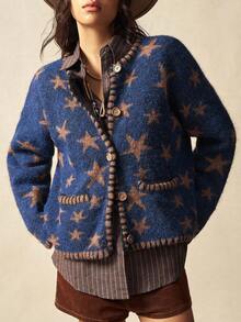 Bohemela Casaco Boho de Outono/Inverno, Casaco de Malha Felpudo Vintage Solto de Manga Longa Aberto com Bolsos Duplos Versátil, Estilo Country Ocidental, Adequado para Férias, Uso Diário e Volta às Aulas, Halloween, Outono - Azul - Visão 5