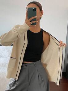 DAZY Cardigan tricoté ample à col V, manches longues, poches, style décontracté de rue, rayures contrastées, pour femmes, automne/hiver - Nude - Voir 4