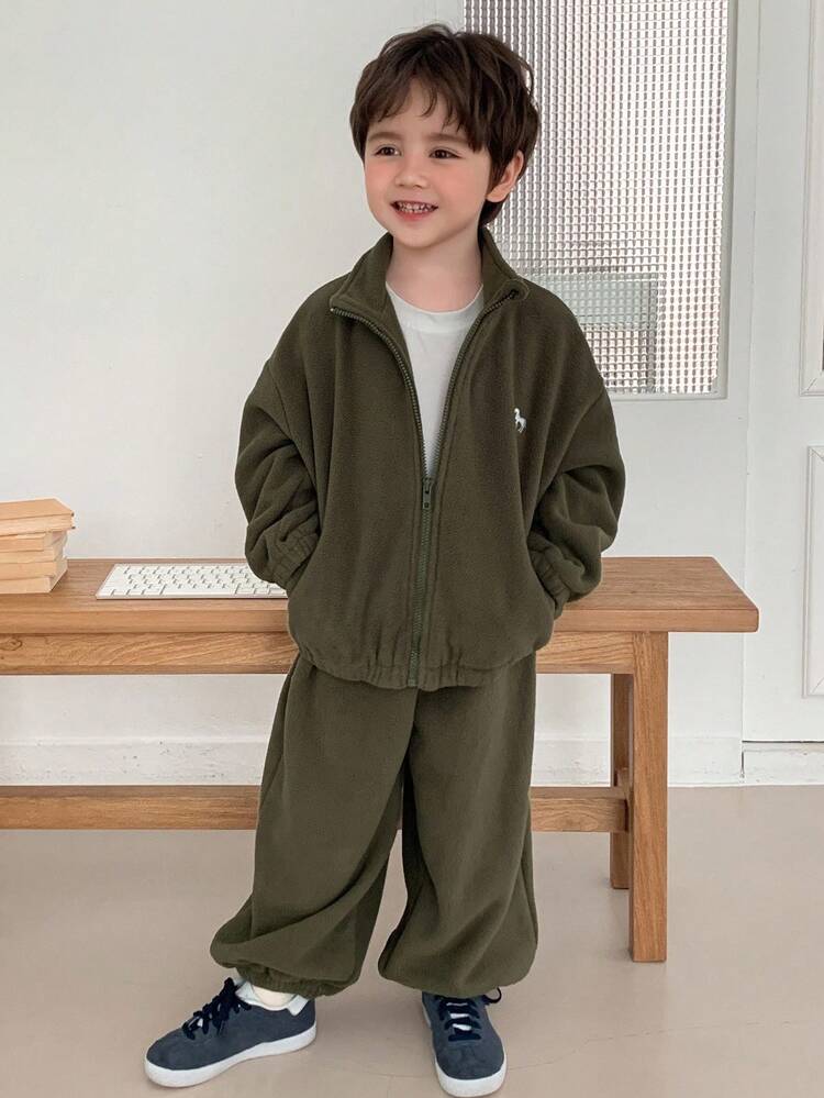 Kids Boys Casual Loose Fit Jacket Set, Graphic Embroidery Design, Autumn
