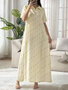 Al Najma 2025年夏季女款中东简约花卉印花短袖阿拉伯连衣裙 - 黃色 - 查看 3